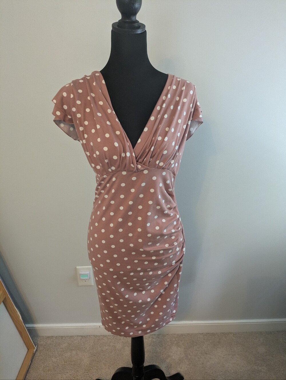 Polka Dot Bodycon Mini Dress Plunge Pencil Coquette DISCONTINUED Size L